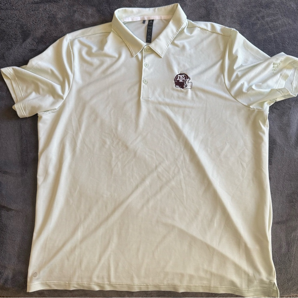 Adidas Men's Striped Polo Shirt with Texas A&M Football Helmet Embroidered Logo